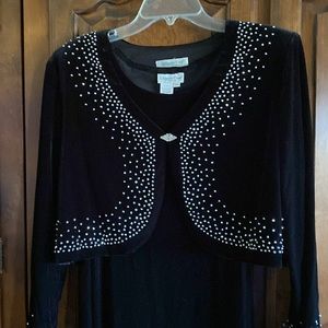 NWOT, black velour dress with silver beading bolero jacket, rhinestone clasp